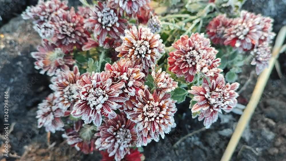 Small red blooming chrysanthemum flowers covered white frost close-up. Blossoming flower with small red petals and white frost in black ground. Frosts. Nature. Garden. Environment. Natural background Small red blooming chrysanthemum flowers covered white frost close-up. Blossoming flower with small red petals and white frost in black ground. Frosts. Nature. Garden. Environment. Natural background