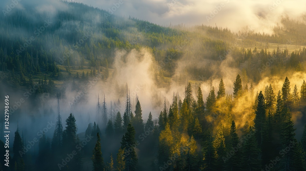 Fototapeta premium Misty Mountain Sunrise: A Golden Dawn over Evergreen Forest