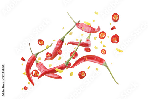 Fotografie Fresh red chili peppers tossed up, isolated on a white background