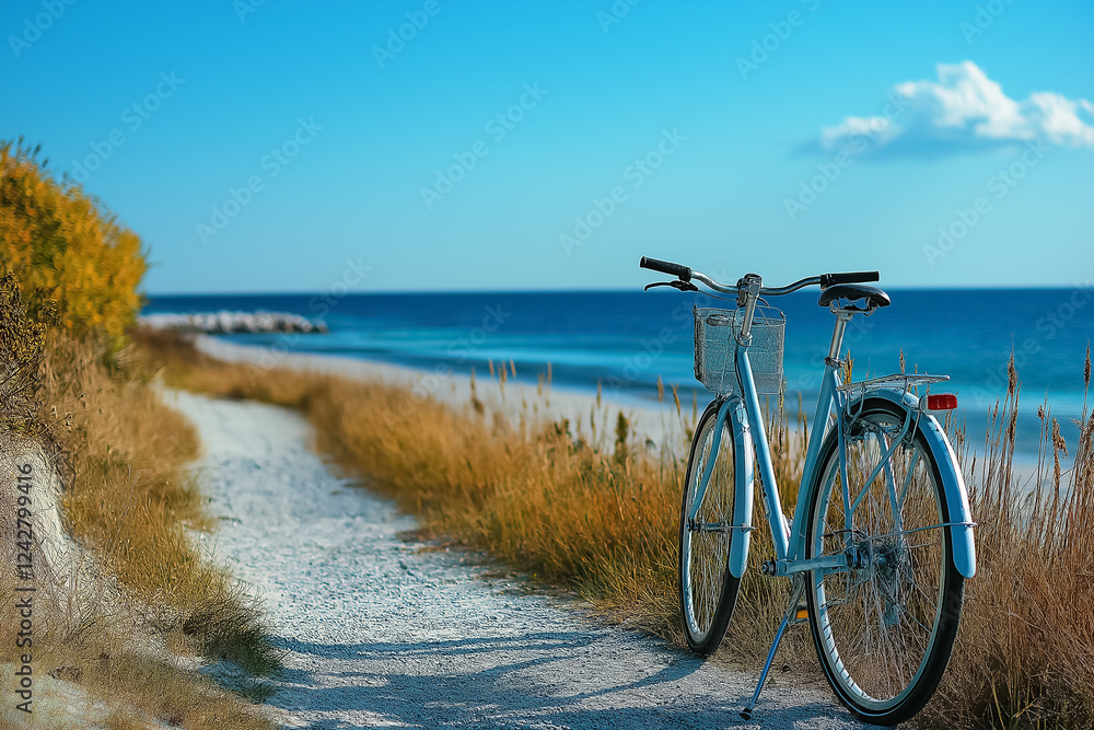 Fototapeta premium A bike parked near a beach with the ocean in the background