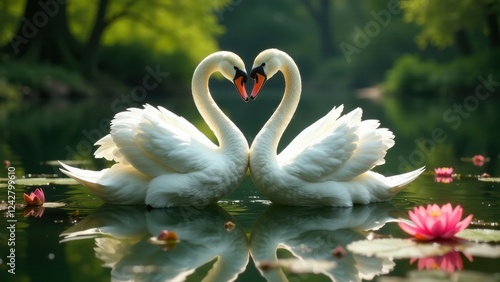 Wallpaper Mural Serene Swans Forming a Heart Shape on a Calm Pond with Lily Pads Torontodigital.ca