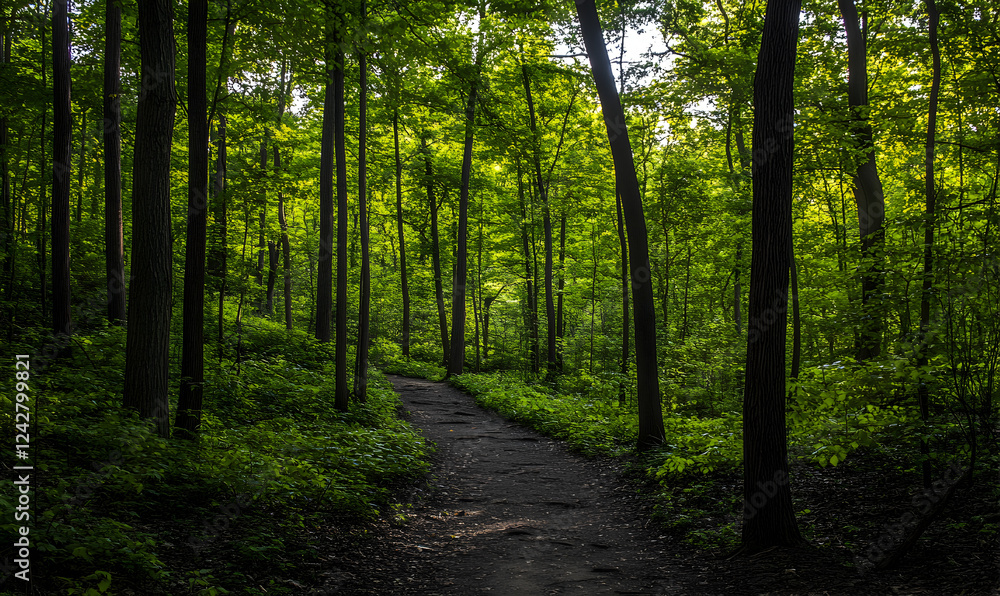 Forest trail path, lush green canopy, sunlight dappled, nature hike Forest trail path, lush green canopy, sunlight dappled, nature hike