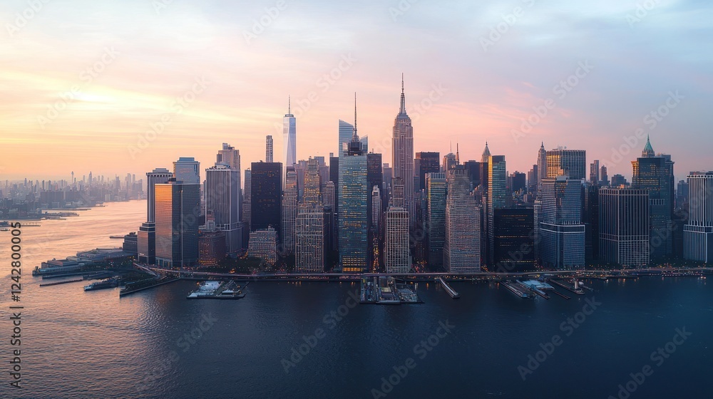 Obraz premium Aerial View of City Skyline at Sunset