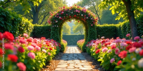 A picturesque garden path leads to a floral archway, surrounded by vibrant blossoms and lush greenery, creating a serene and idyllic scene
