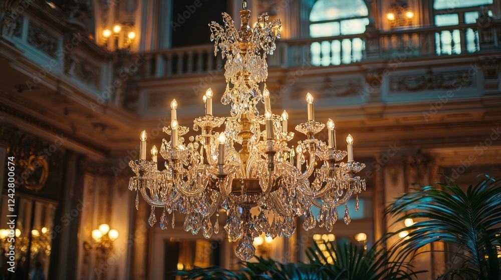 Obraz premium In a grand ballroom filled with dazzling architecture, an exquisite chandelier casts a warm glow over beautifully arranged seating, enhancing the luxurious atmosphere of an evening gathering