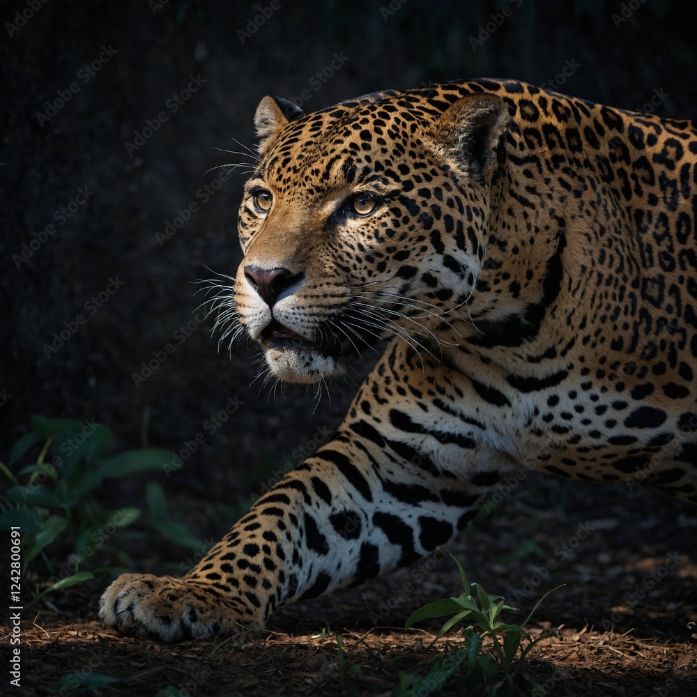 Obraz premium A jaguar emerging from the shadows, its muscular body tense and ready to pounce.