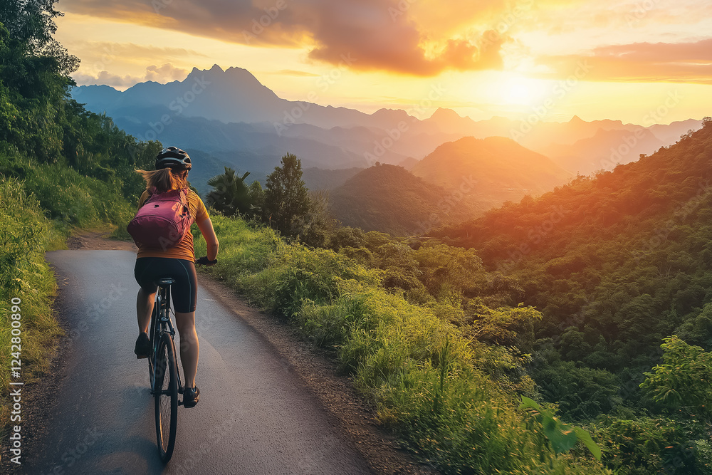 Fototapeta premium A cyclist riding along a mountain trail at sunrise, surrounded by nature