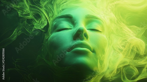 Serene Face Enveloped in Green and Yellow Smoke photo