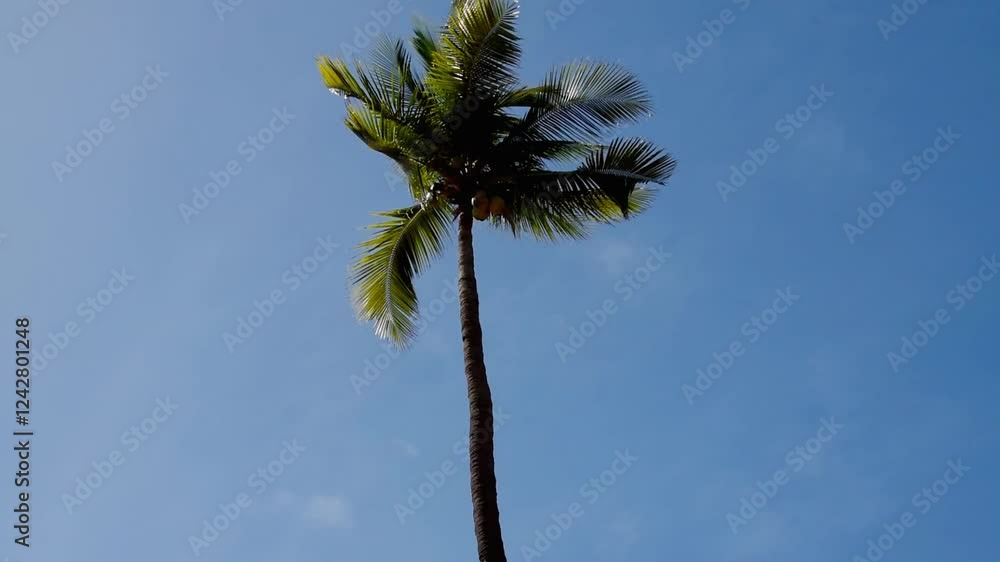 Coconut palm trees swaying with the wind at the beach. View of palm trees with blue sky. Palm trees on a sunny day at a tropics island. Tree of life.
