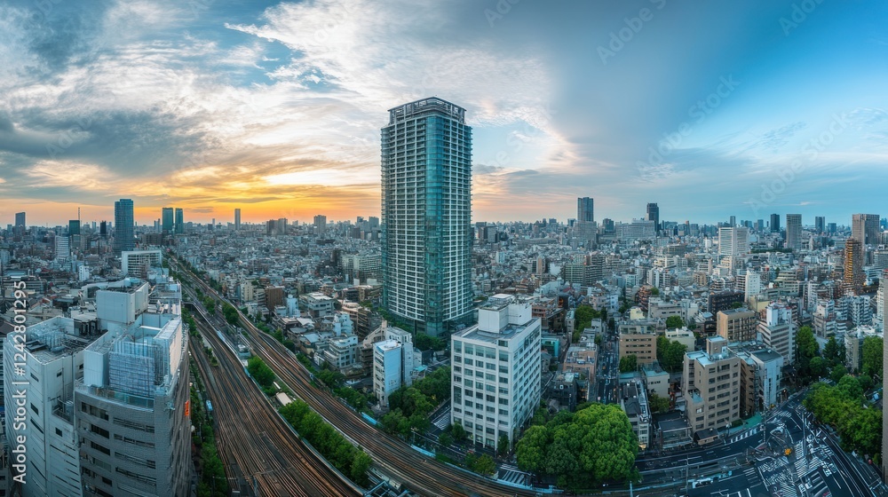 Fototapeta premium Tokyo Cityscape Sunset Aerial View Skyscrapers