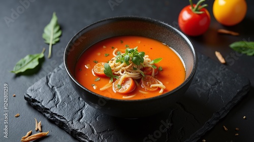 A rich, tomato-based soup garnished with fresh herbs in a rustic bowl on a dark slate surface. photo