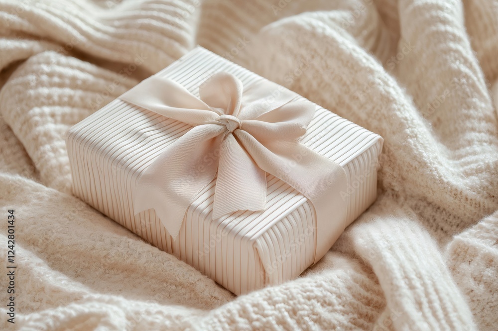 Stylish gift box with satin ribbon placed on cozy blanket, creating a warm and inviting atmosphere Stylish gift box with satin ribbon placed on cozy blanket, creating a warm and inviting atmosphere
