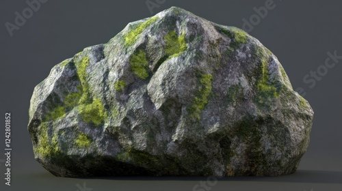 A large mossy rock sits against a gray background photo