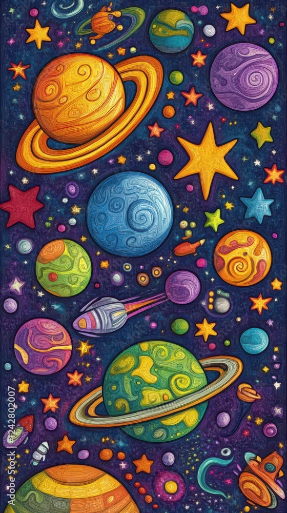 Naklejka premium Whimsical Cosmic Scene Featuring Planets Stars and Rockets