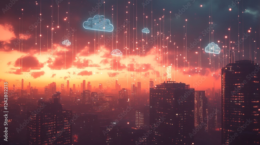 Fototapeta premium Cloud Data Network Over Illuminated Cityscape at Sunset