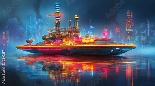 Futuristic Cityscape Vessel Neon Lights Reflecting Water photo