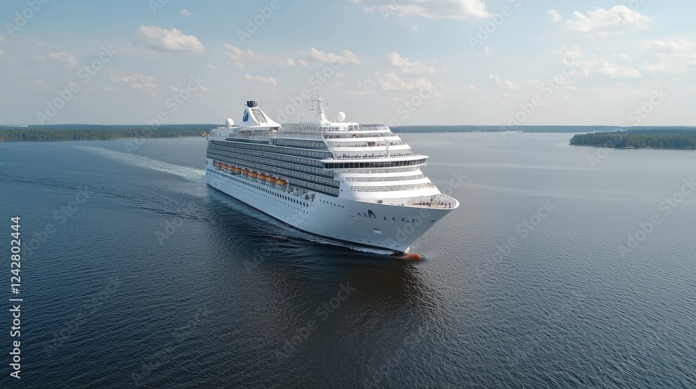 Cruise ship sailing calm waters, scenic background. Travel use