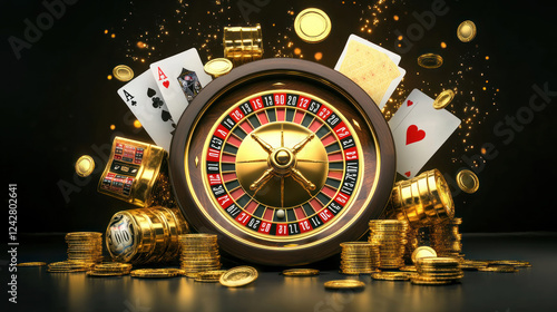 vibrant casino scene with golden roulette wheel surrounded by playing cards, poker chips, and stacks of coins, creating atmosphere of excitement and luxury