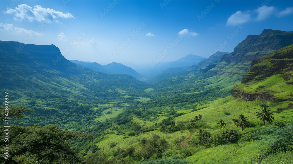 Naklejka premium A scenic mountain range with lush green valleys under a clear blue sky