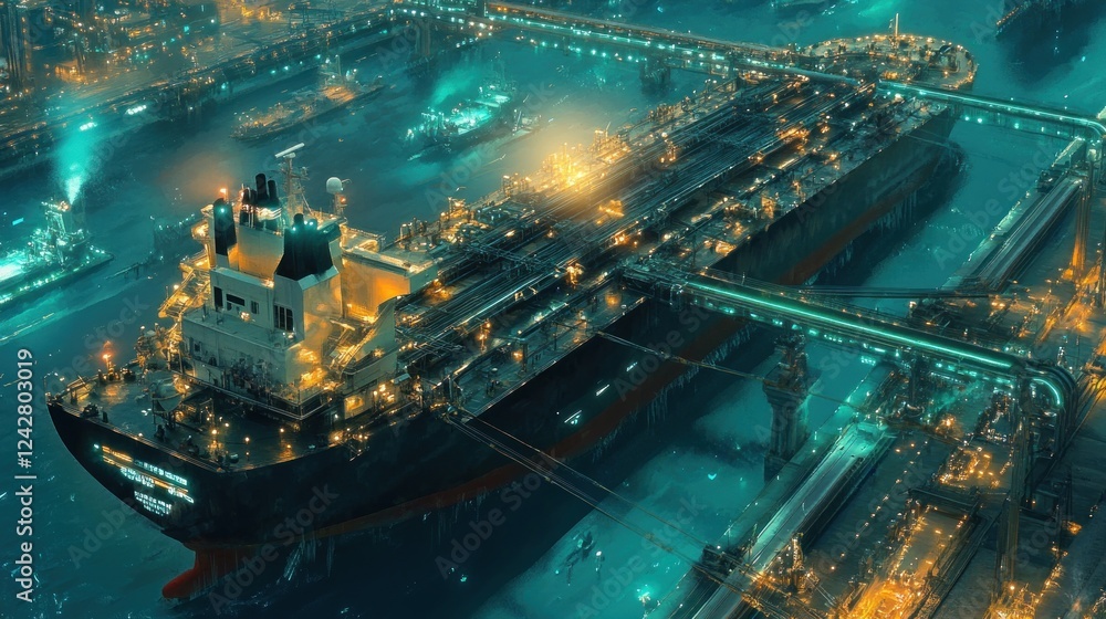 Fototapeta premium Nighttime View of a Large Oil Tanker at Dock
