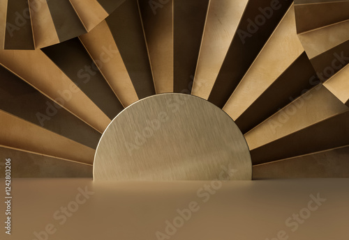 Blank showcase template for product display decorated with folded paper fans chinese style. Abstract beige gold festive background with empty pedestal, fashion podium, round stage