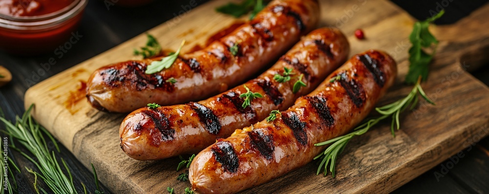 Grilled sausages with herbs lying on wooden cutting board Grilled sausages with herbs lying on wooden cutting board