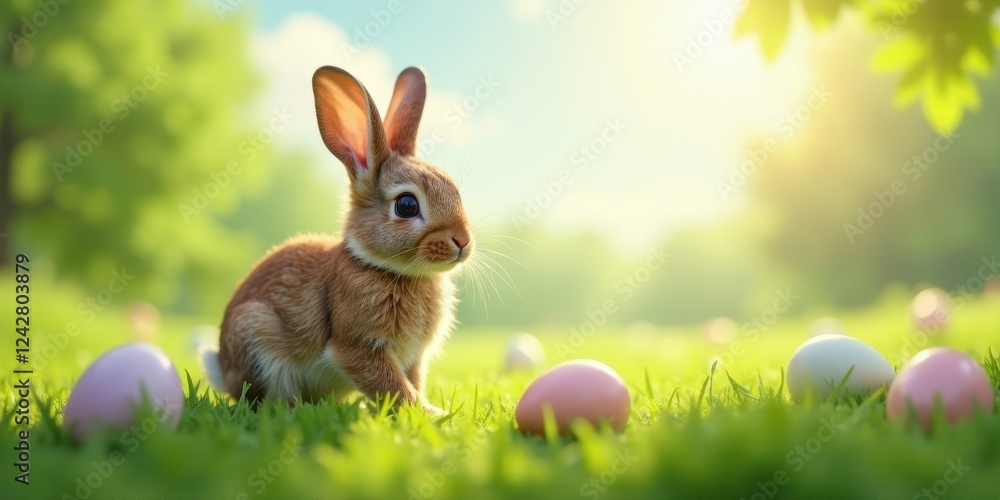 Fototapeta premium A Cute Bunny Rabbit in a Spring Meadow with Pastel Easter Eggs