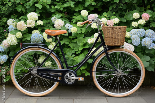 A vintage bicycle with a wicker basket in front of a flower garden photo