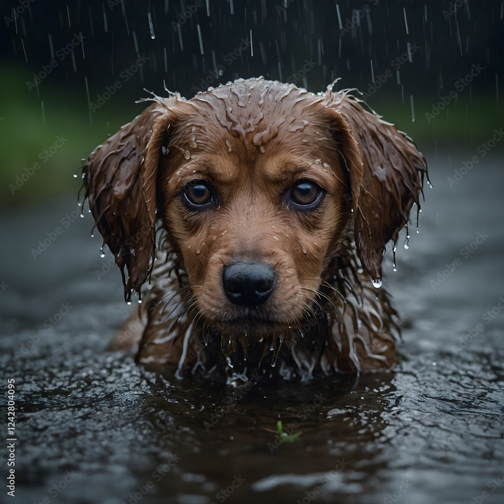 Young puppy enjoys a rainy day splashing in a puddle surrounded by nature Young puppy enjoys a rainy day splashing in a puddle surrounded by nature