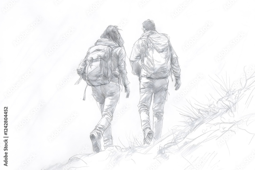 Pencil sketch illustrating two hikers with backpacks navigating an uphill mountain trail, capturing the essence of adventure in nature Pencil sketch illustrating two hikers with backpacks navigating an uphill mountain trail, capturing the essence of adventure in nature