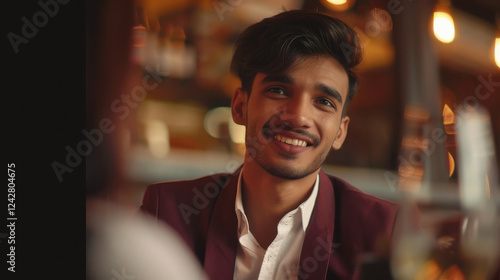 indian man wearing suit sitting in the coffee shop photo