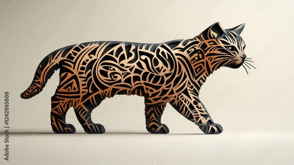 Naklejka premium Ornate Cat Silhouette Walking, Studio, Beige Background, Design