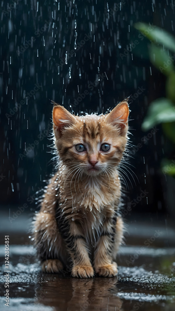 Cute wet kitten looks up at the camera while rain falls from above in a lush outdoor setting during a cloudy day Cute wet kitten looks up at the camera while rain falls from above in a lush outdoor setting during a cloudy day