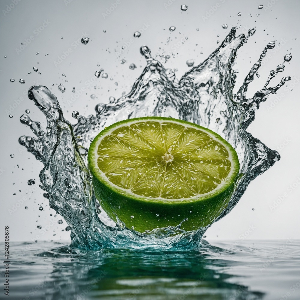 A vividly green lime slice splashing into crystal-clear water, against a white background.A A vividly green lime slice splashing into crystal-clear water, against a white background.A