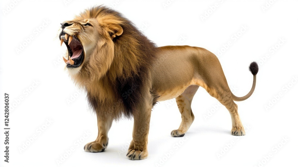 Roaring Lion with a Full Mane Against a White Background Roaring Lion with a Full Mane Against a White Background
