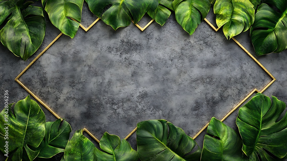 Fototapeta premium Tropical leaves frame, grey backdrop