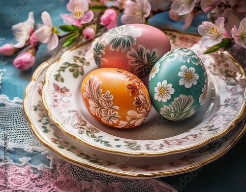 A refined Easter still life with a vintage porcelain plate holding hand-painted eggs, surrounded by delicate flowers and soft lighting, creating an elegant and timeless holiday atmosphere.