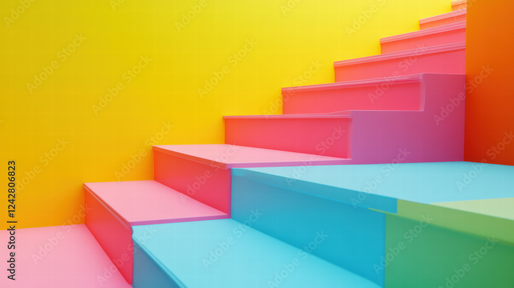 Brightly colored stairs in children play area, featuring vibrant pink, blue, and yellow hues that create cheerful and playful atmosphere Brightly colored stairs in children play area, featuring vibrant pink, blue, and yellow hues that create cheerful and playful atmosphere