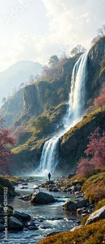 Waterfall cascading down a steep slope alongside a tranquil stream, rock, stream, terrain photo