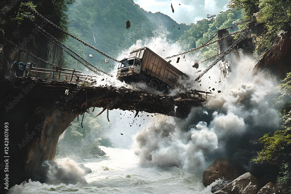 Fototapeta premium Truck falling down on a demolishing bridge