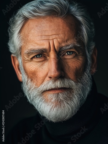 Charismatic elderly man with striking silver hair and compelling gaze