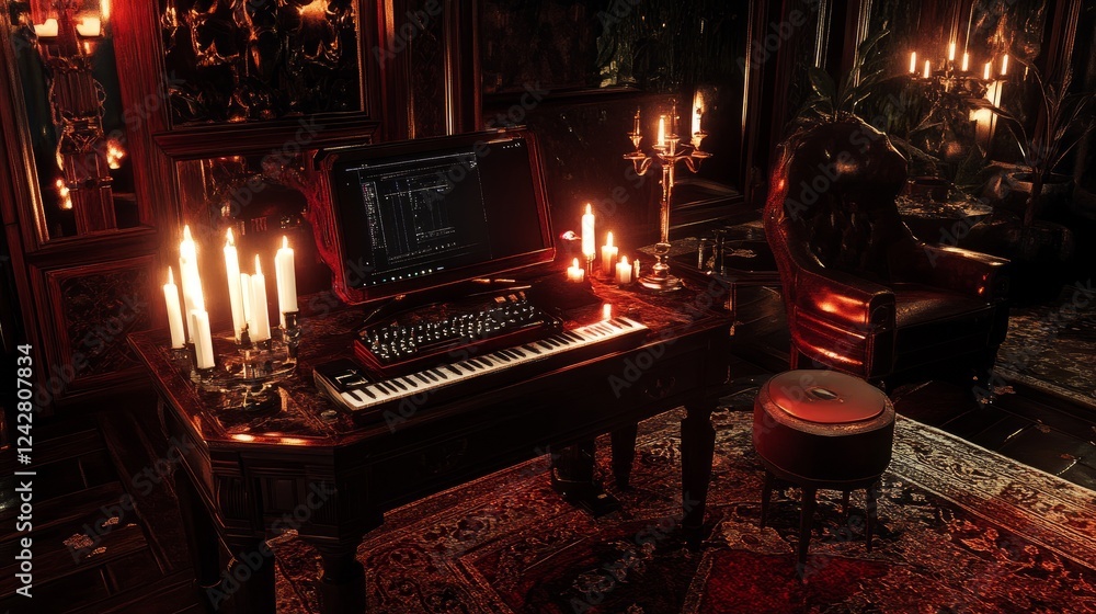A cyber-gothic computer setup blending dark wood furniture, modern gaming gear, and eerie candlelight for a unique aesthetic.