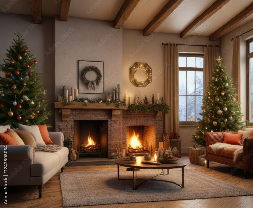 Warm and inviting living room with Christmas tree and fireplace, winter decor, christmas tree Warm and inviting living room with Christmas tree and fireplace, winter decor, christmas tree
