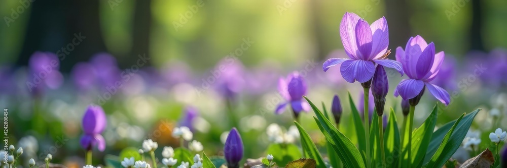 Violet blooms amidst delicate white bud shells in a serene forest atmosphere, garden, violet Violet blooms amidst delicate white bud shells in a serene forest atmosphere, garden, violet