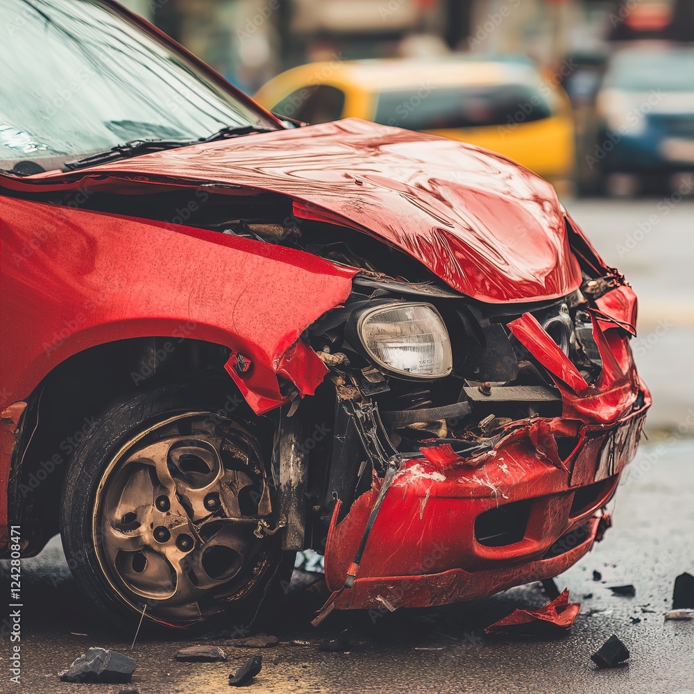 Red car severely damaged in urban traffic crash on a rainy day