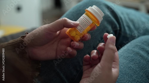 Healthcare medicine concept woman taking pill and pouring capsules from medication bottle at home