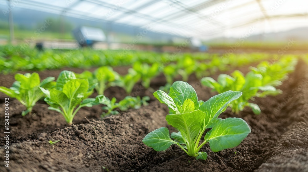 Fresh green lettuce growing in farm greenhouse with rich soil Fresh green lettuce growing in farm greenhouse with rich soil