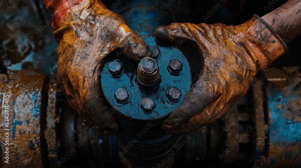 Gloved Hands Securely Grip Industrial Pipe Flange Gloved Hands Securely Grip Industrial Pipe Flange