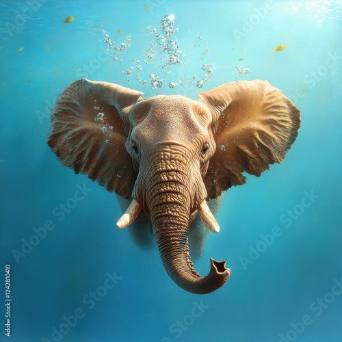 the depth of the ocean in it swim algae and different fish. and through them swims an elephant waving his big ears and releasing air bubbles from the trunk photo