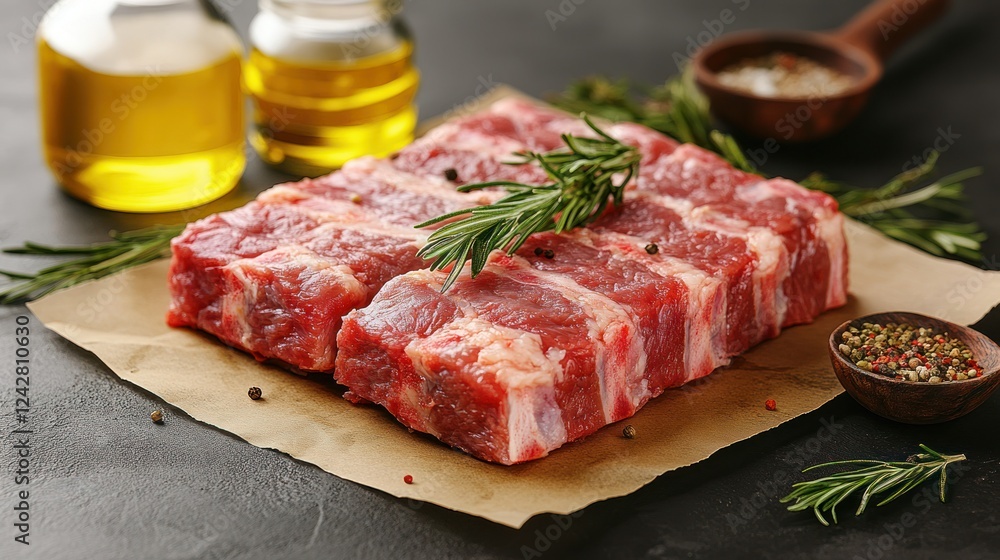 Raw beef ribs on parchment paper, ready for grilling, with herbs and oils Raw beef ribs on parchment paper, ready for grilling, with herbs and oils